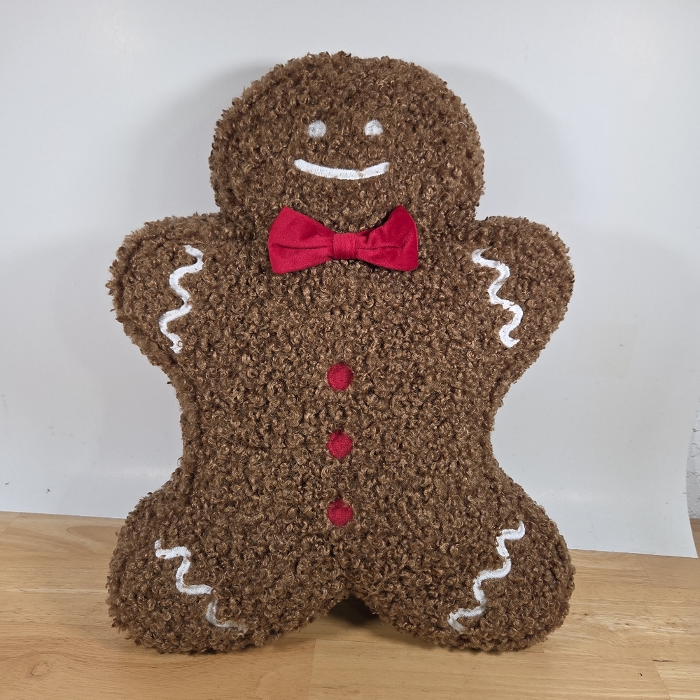Gingerbread Man Plush Throw Pillow with Red Bow Tie